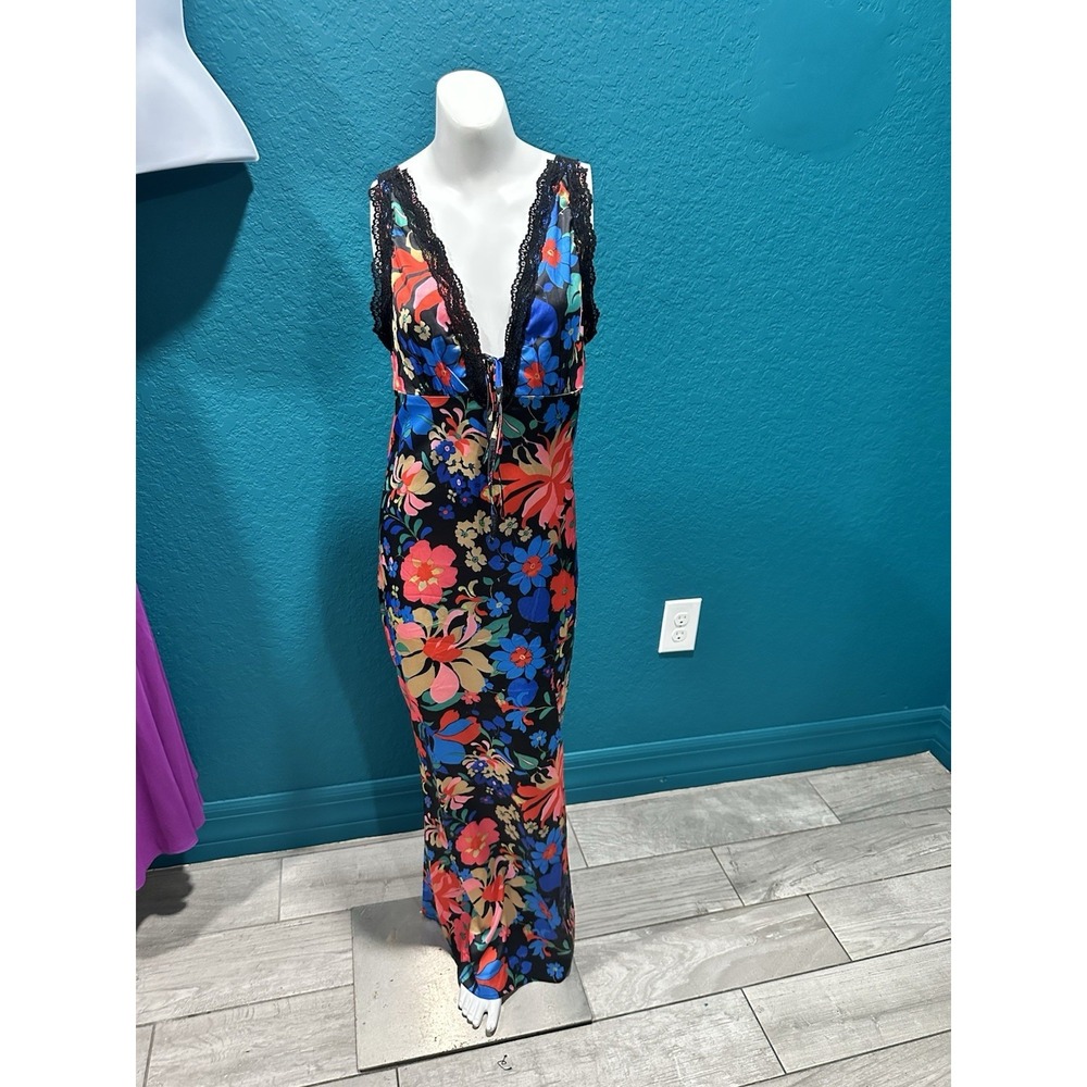 Micas Vibrant Floral Satin Slip Maxi Dress S